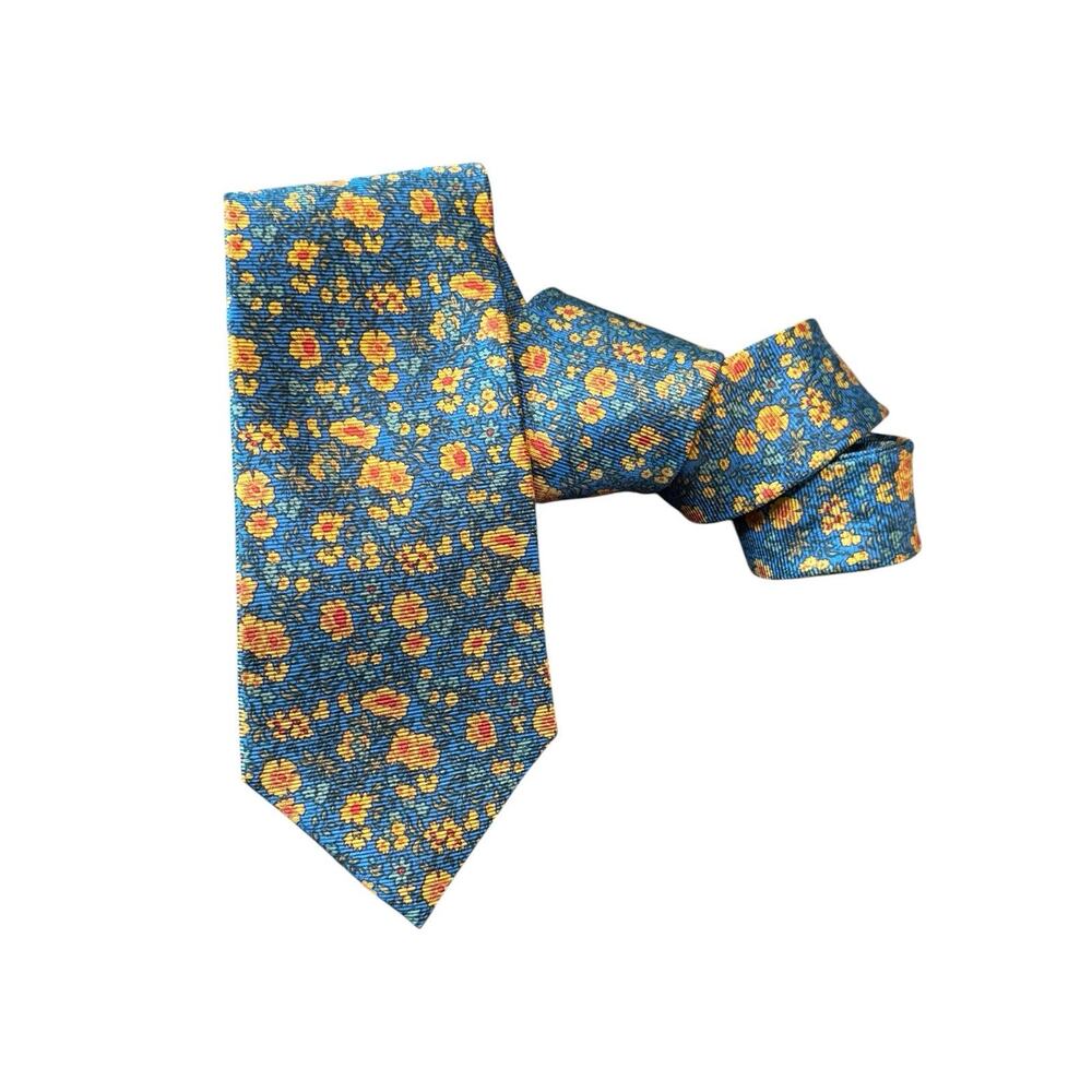 Paul Fredrick Silk Long Tie Blue Yellow Floral USA Made Formal Career Office